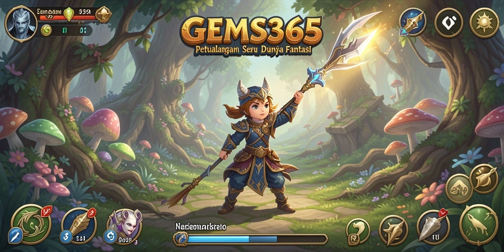 Gameplay GEMS365 yang menampilkan petualangan seru di dunia fantasi.