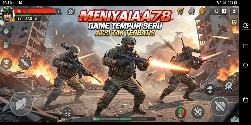 Tampilan gameplay seru di MENYALA78 dengan karakter beraksi di medan perang.