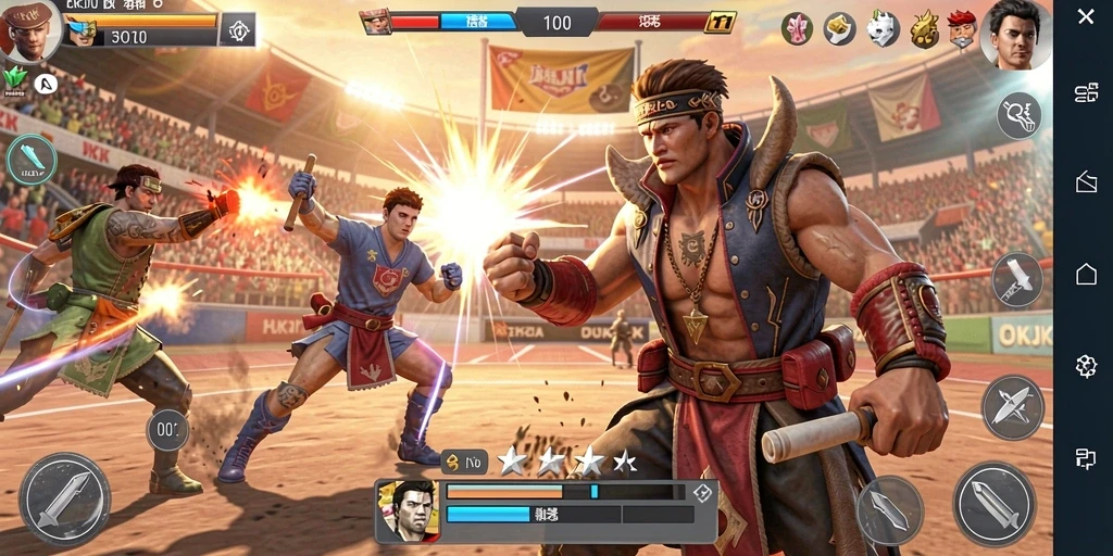 Tampilan screenshot menunjukkan gameplay intens dari OKJK dengan karakter bertarung.