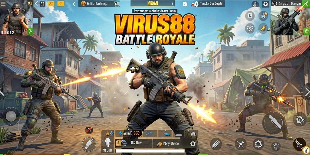 Screenshot gameplay VIRUS88 menampilkan aksi Battle Royale yang mendebarkan.